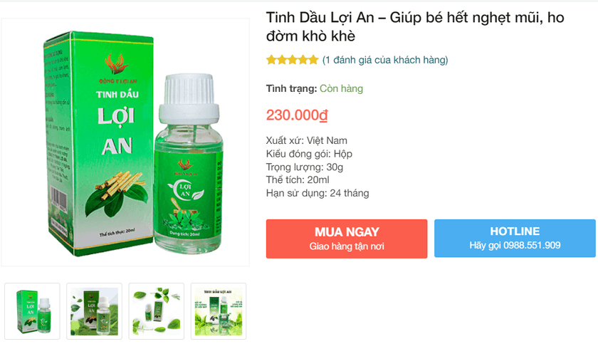 Tinh dầu Lợi An có giá 230.000 vnđ/1 lọ